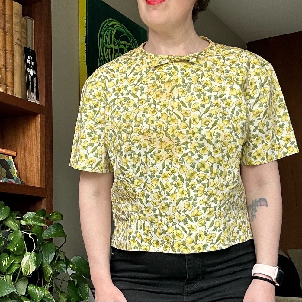Vintage Floral Yellow and Green Women's Top with Bow at Neck